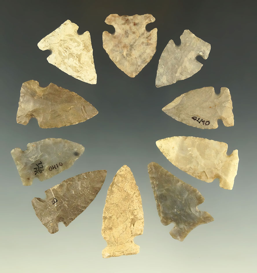 Set of 10 Intrusive Mound Points found in Northern Ohio, largest is 1 3/4".
