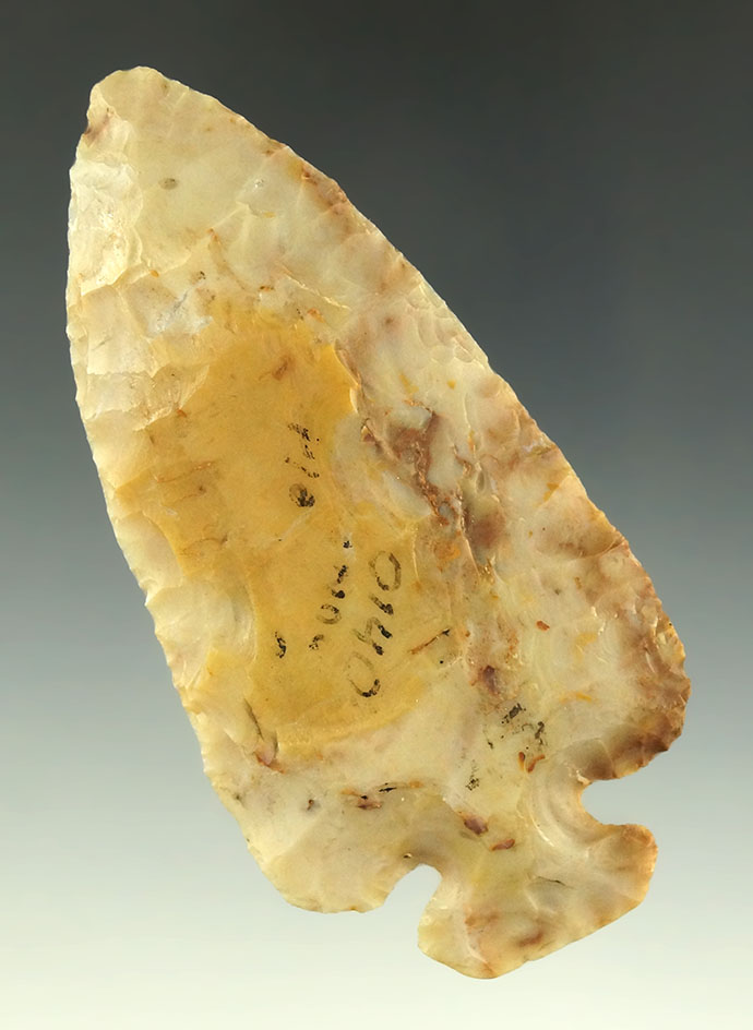 3 5/16" Archaic Button Base Dovetail - highly colorful Flint Ridge Flint, Fairfield Co., Ohio. Ex. W