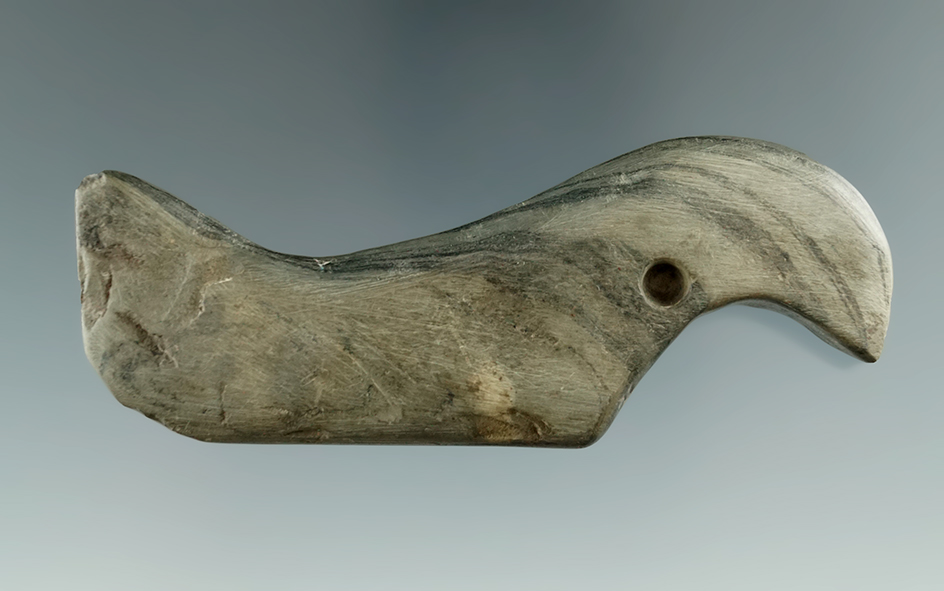 3 3/4" banded slate Birdstone found in Livingston Co., New York - unique partial drilling at neck.