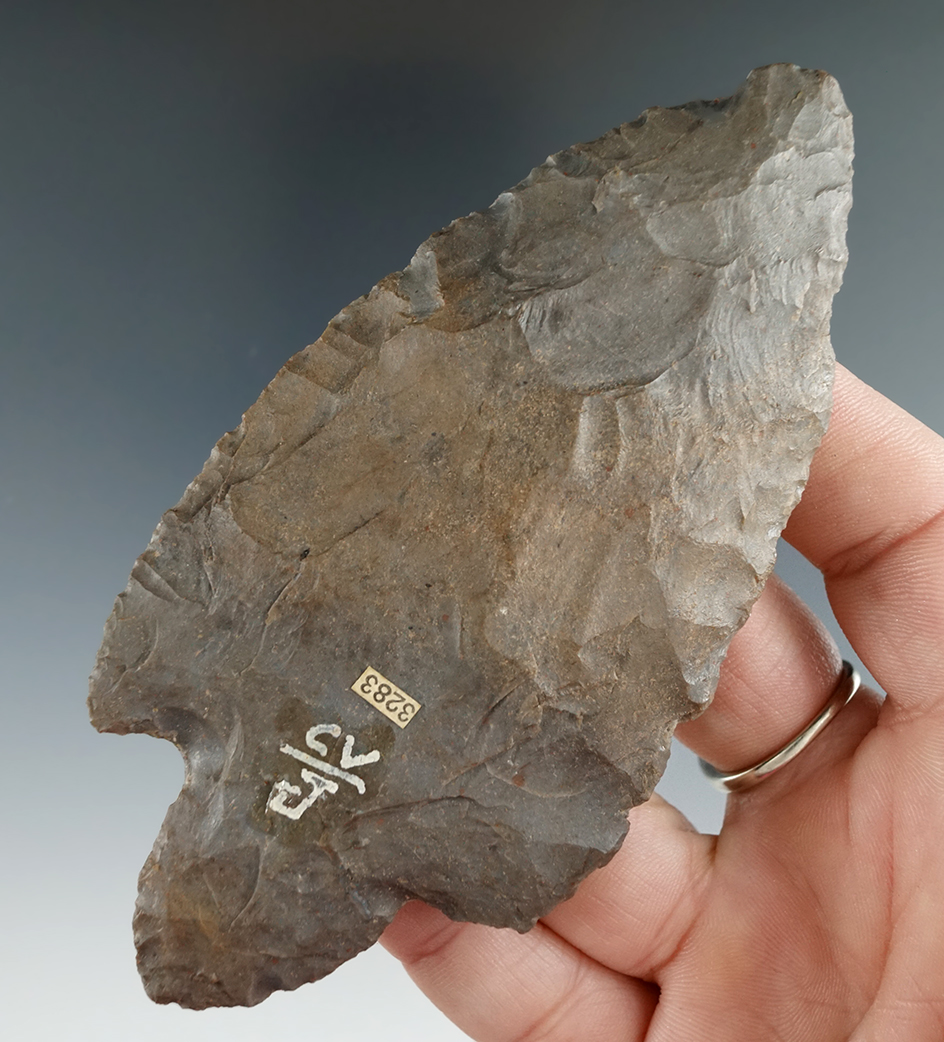 4 7/16" Turkeytail Adena made from nicely patinated hornstone found in Indiana.