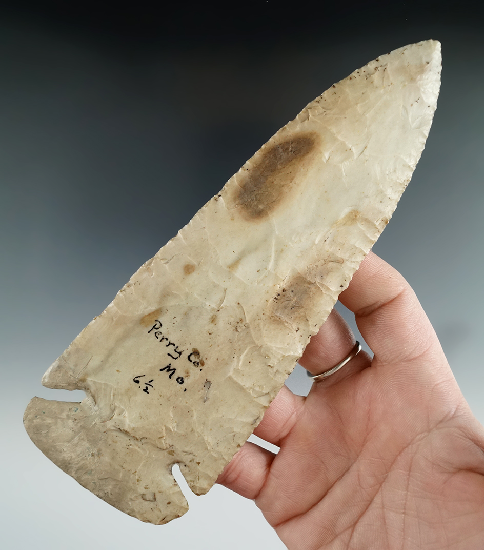 Big! 6 1/2" Archaic Thebes Knife with restoration to one ear and half of the base - Perry Co., MO.