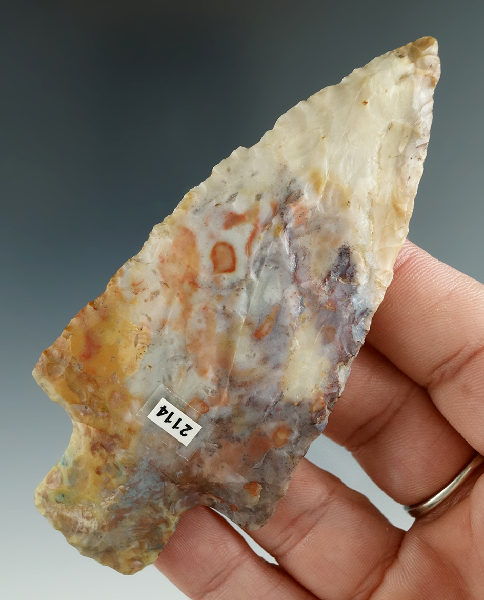 3 7/8" Beautifully colored Adena with a restored base found in Jay Co., Indiana.