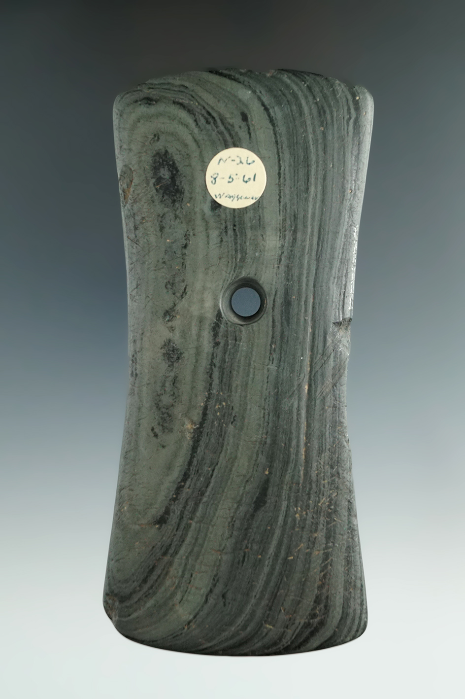 5" Green Banded Glacial Slate Bi-Concave Pendant found in Ohio.