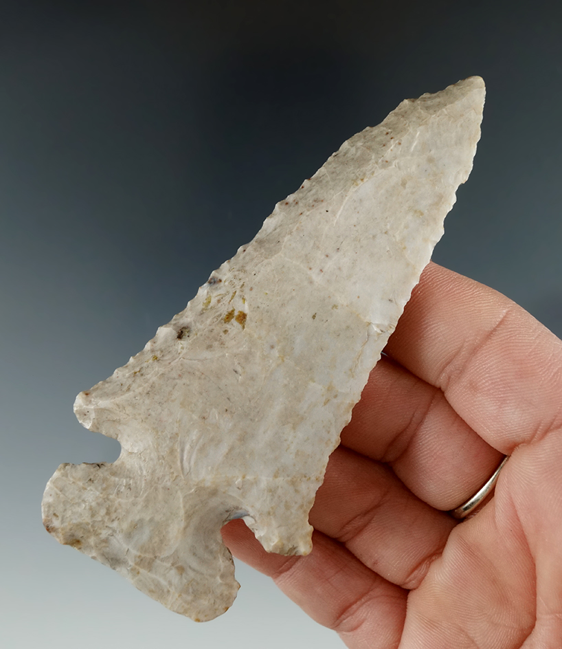 4" Archaic Thebes Bevel that is made from Crescent Quarry Flint. Found in Cass Co., Illinois.