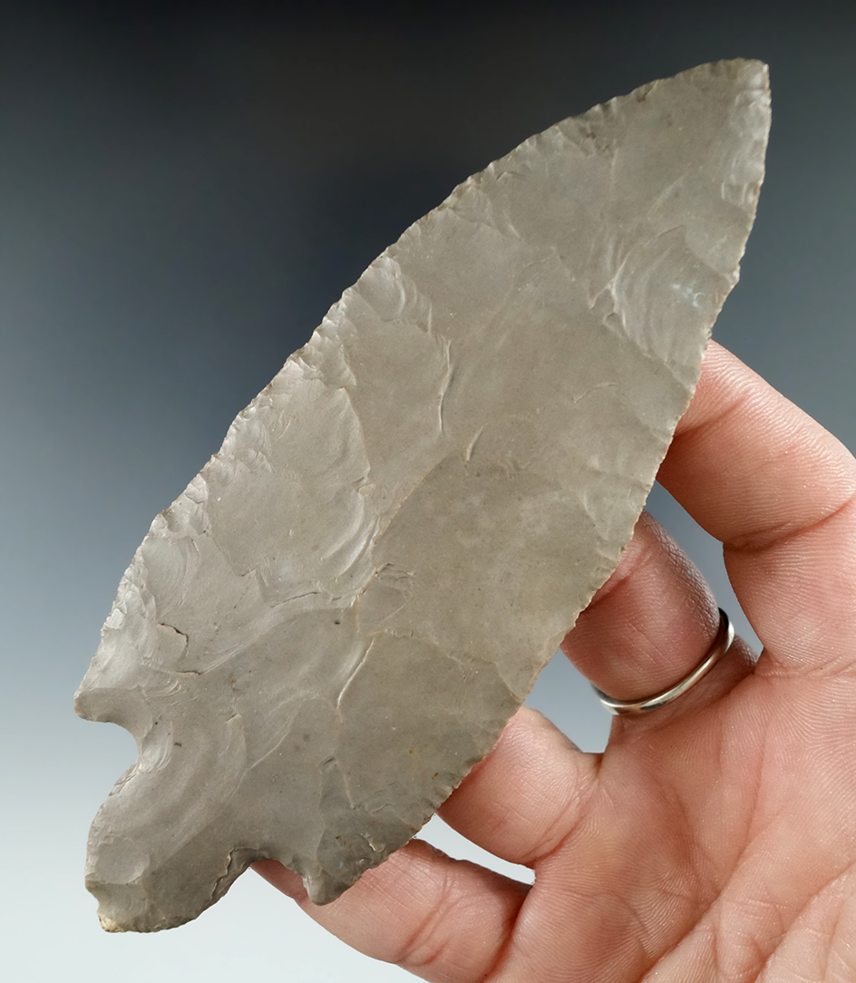 5" Adena Hebron Turkeytail with swept barbs. Found in Orange Co., Indiana. Berner COA.