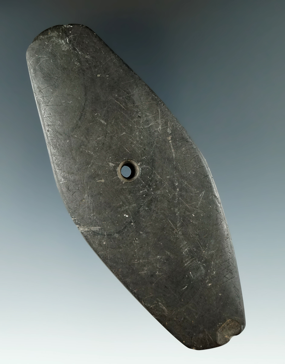 4 3/8" Banded Slate Expanded Center Pendant found in Medina Co., Ohio by Francis Grim.