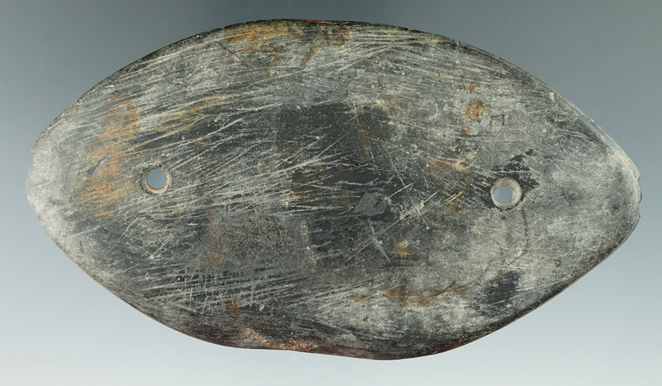 4 1/4" Glacial Kame Gorget found in Hardin Co., Ohio. Ex. Wehrle (#1026W). Bennett COA.