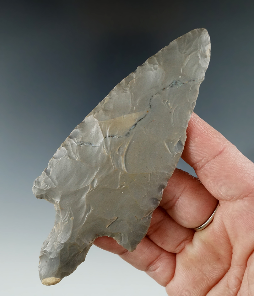 4 5/8" Adena made from Hornstone, found in Green Co., Indiana. Ex. Coulter.