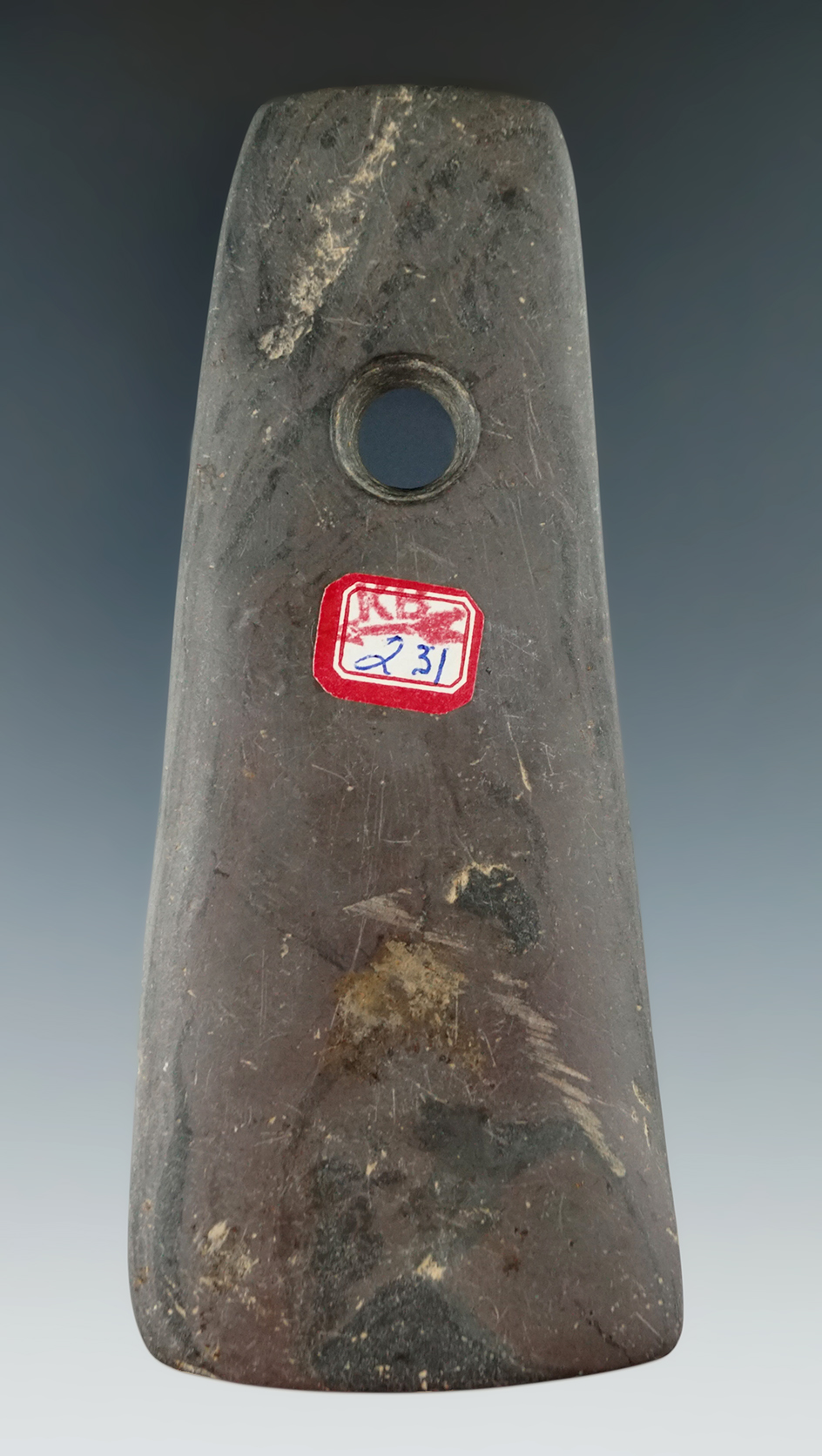 4 3/8" Banded Slate Trapezoidal Pendant found by John Schaeffer in Delaware Co., Ohio.