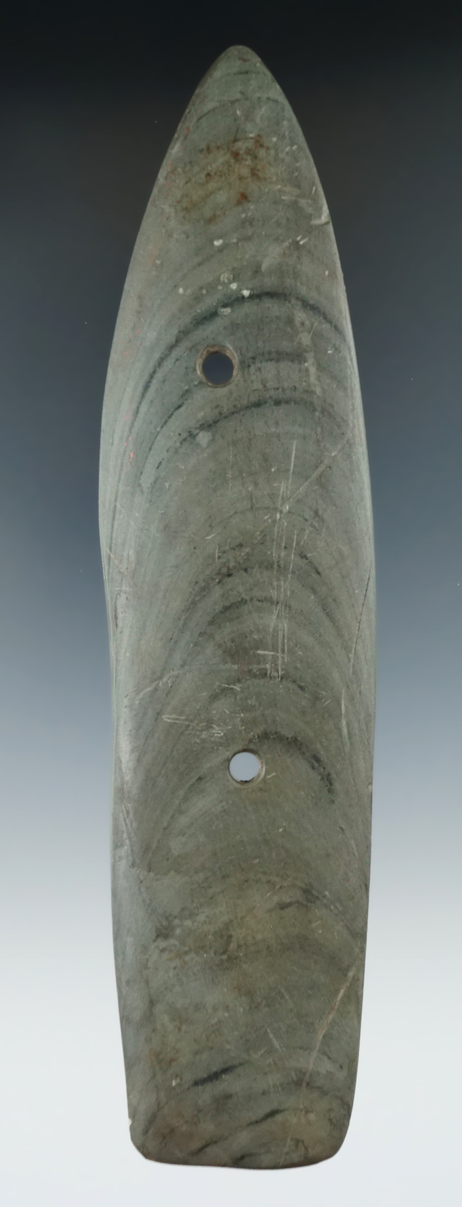 6 1/2" Glacial Kame Coffin Gorget with restoration to 1/2" of the squared end, Ohio.