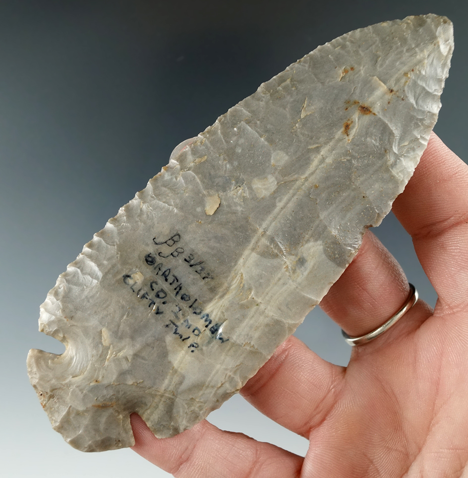 4 9/16" Hornstone Dovetail. Found by Horsefly Bush in Bartholomew Co., Indiana. COA.