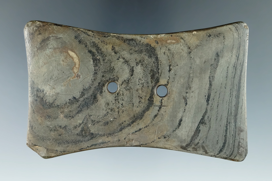 3 15/16" Quadriconcave Gorget found in Huron Co., Ohio. Pictured CHAPA #1, pg 21.