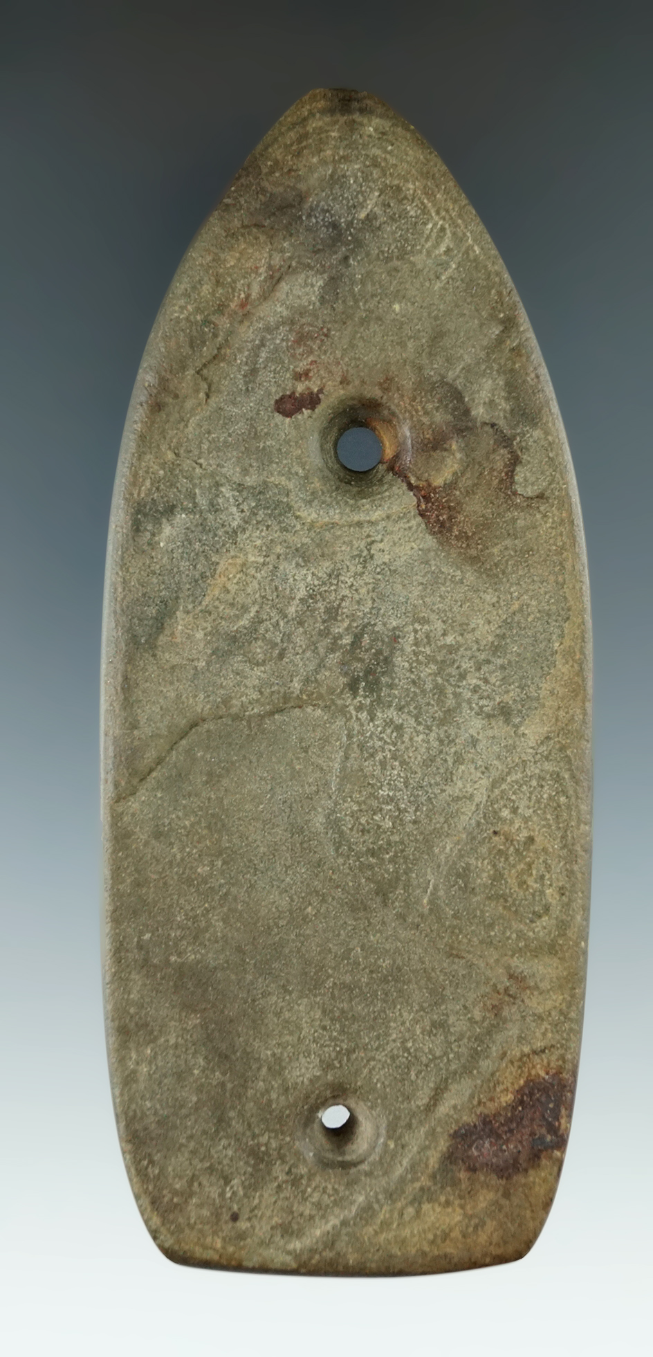 4 5/8" Glacial Kame Slate Gorget found by Bill Quinn in Sidney, Ohio. Pictured.