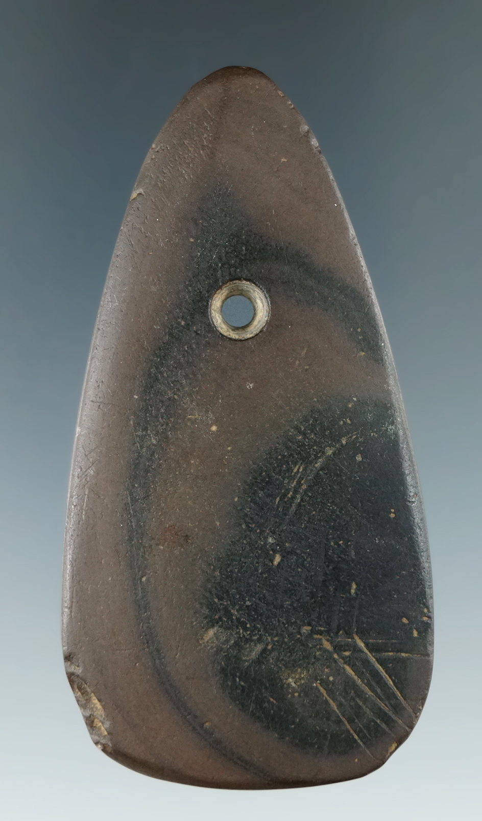 2 7/8" Red Banded Slate Pendant found in Delaware Co., Ohio. Ex. Wehrle, #740W.