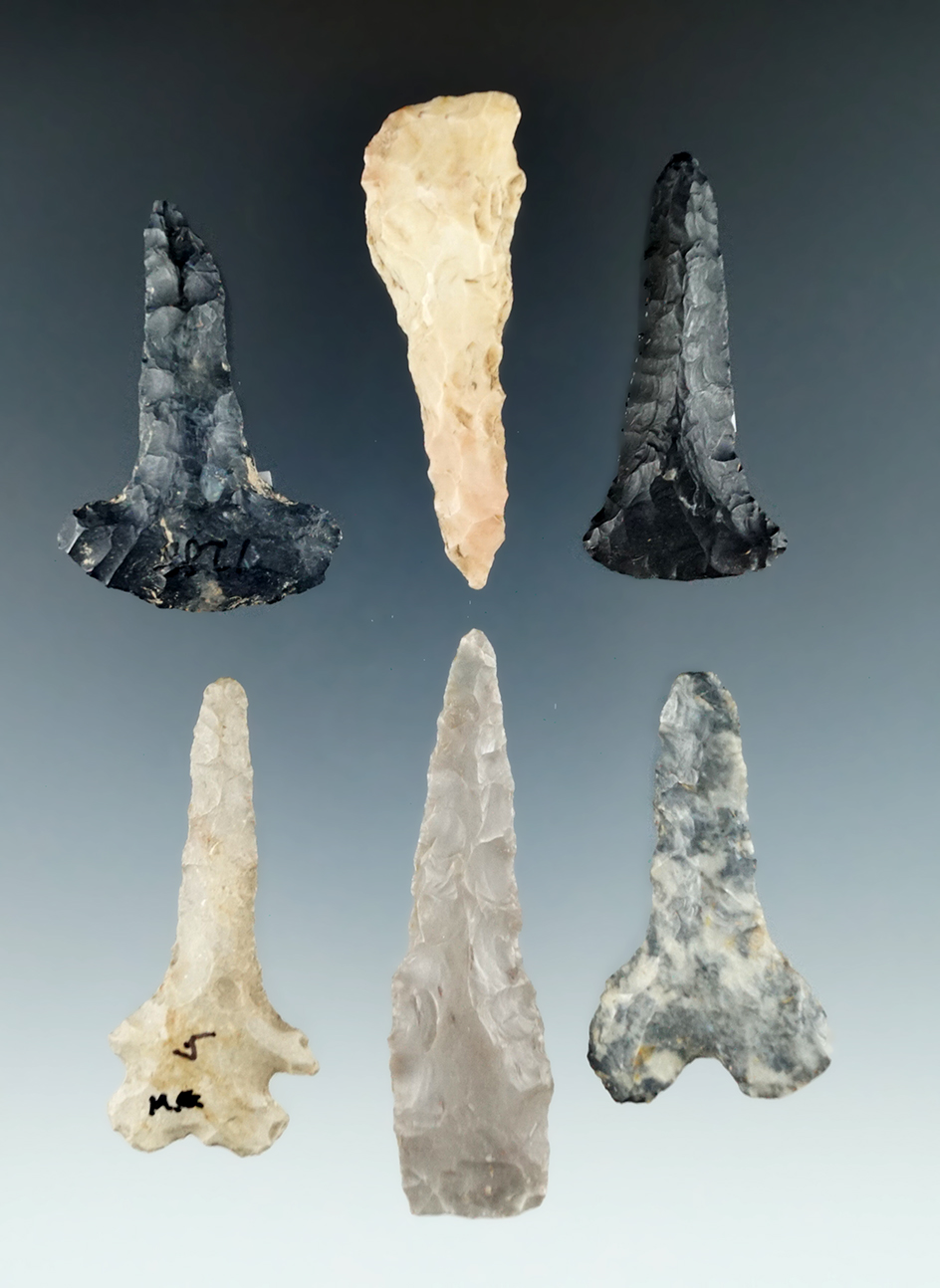 Group of 6 Drills, found in Ohio. Largest is 2 1/4". Counties listed on back of frame.