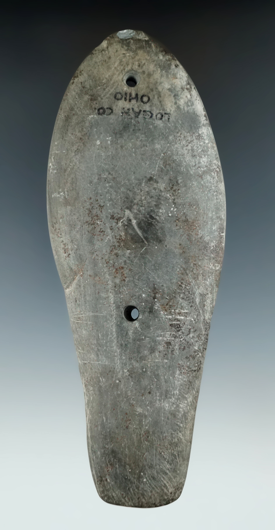 5 5/8" Glacial Kame Gorget found in Logan Co., Ohio. Ex. Cowan Hood. Jackson COA.