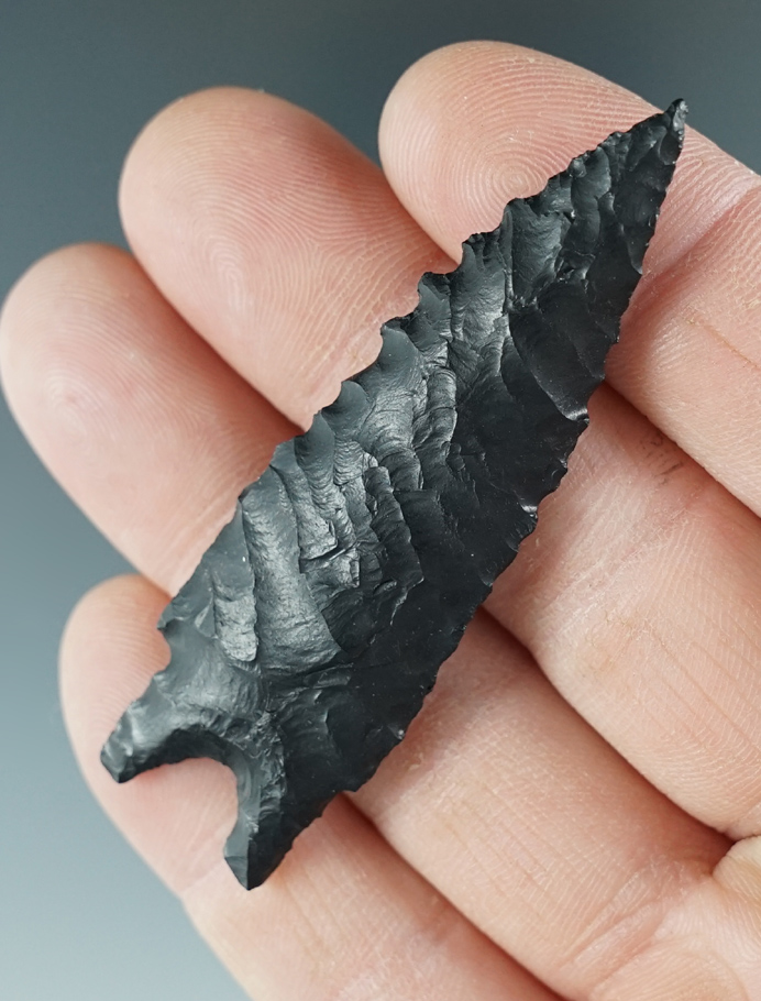 2 5/8" Pinto Basin made from black Obsidian. Found in the Great Basin, Oregon.