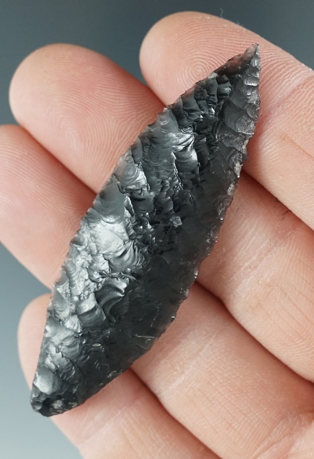 2 5/8" Cascade Leaf made from translucent gray Obsidian. Found in the Great Basin, Oregon.