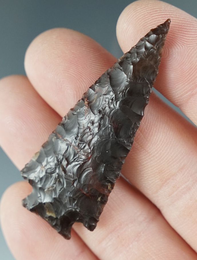 2 1/4" Cornernotch made from glossy brown Agate with nice flaking. Columbia River, Oregon.