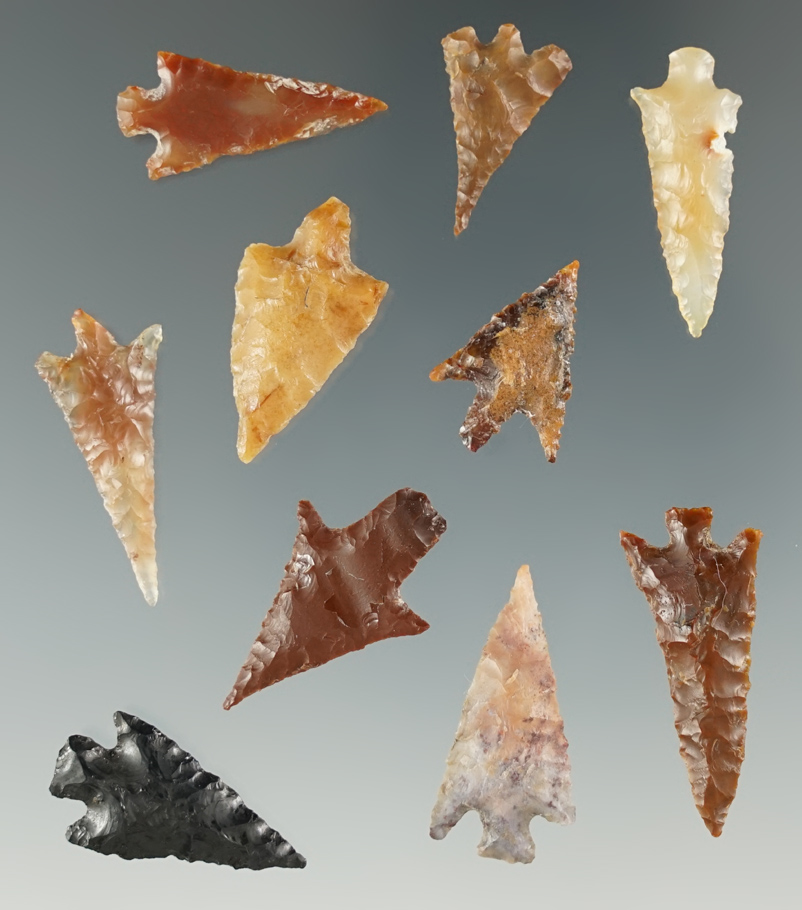 Group of 10 Columbia River Points, longest is 1".