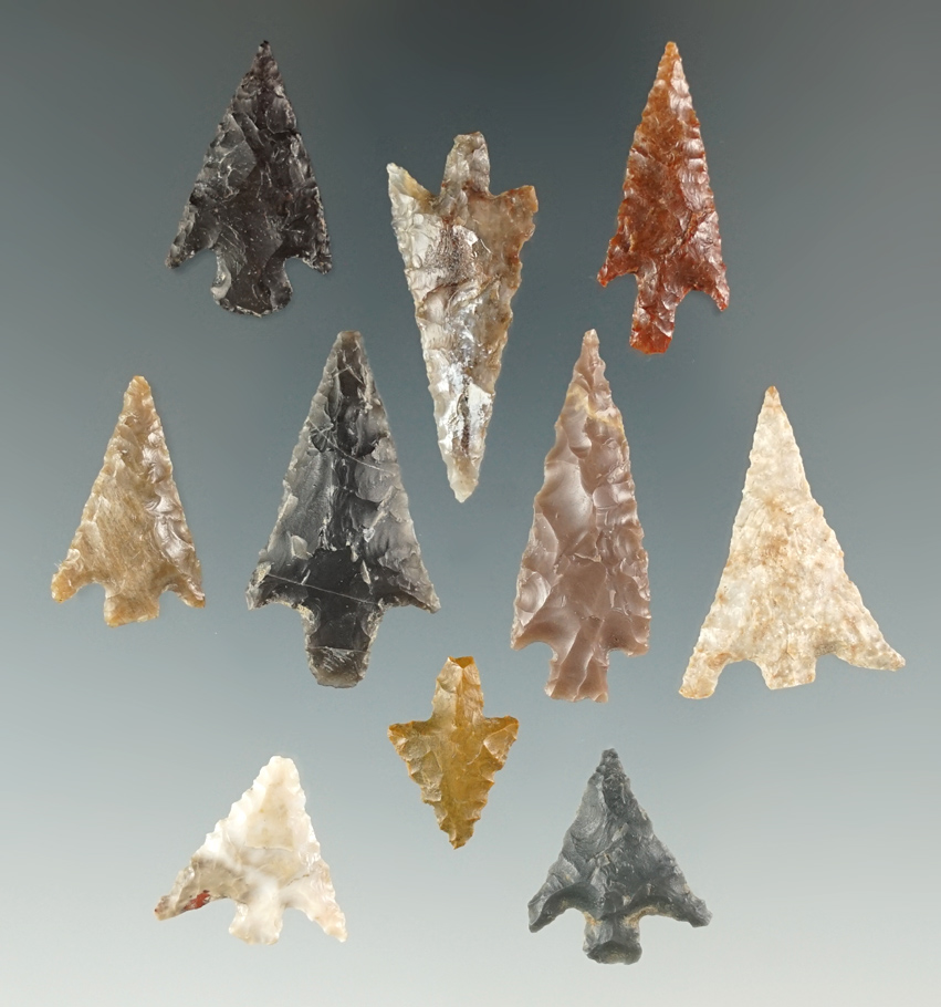 Group of 10 Columbia River Points, longest is 1 1/4".