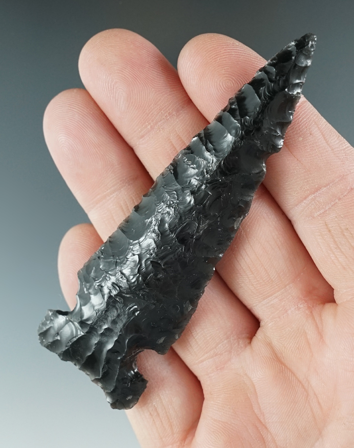 3 1/2" Northern Sidenotch made from black Obsidian. Found in the Great Basin, Oregon.