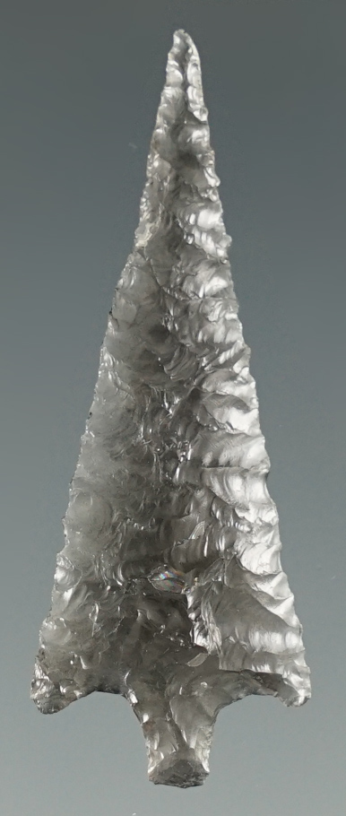 1 1/2" Wallula Stemmed made from translucent Obsidian. Found near the Columbia River, Oregon.