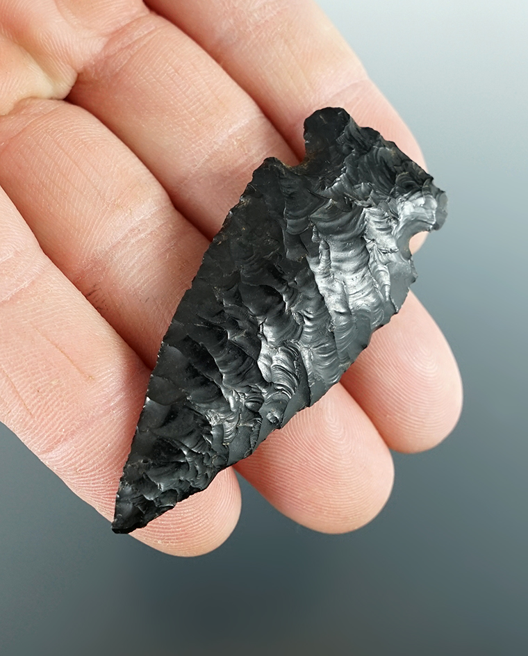 2 1/2" Sidenotch made from black Obsidian. Found in the Great Basin, Oregon.