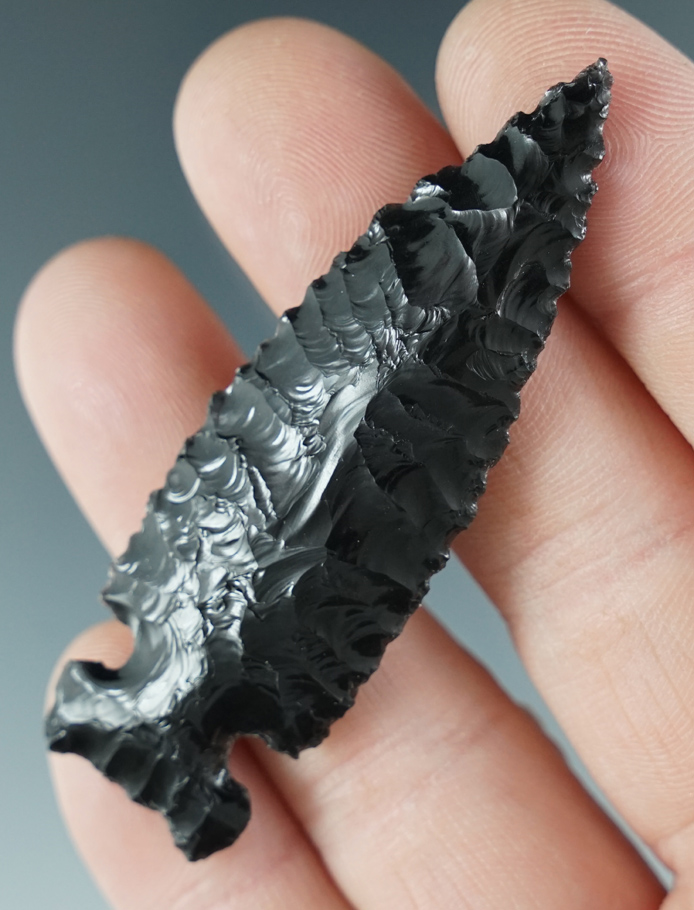 Well flaked 2 1/2" Northern Sidenotch made from black Obsidian - Great Basin, Oregon. Pictured.
