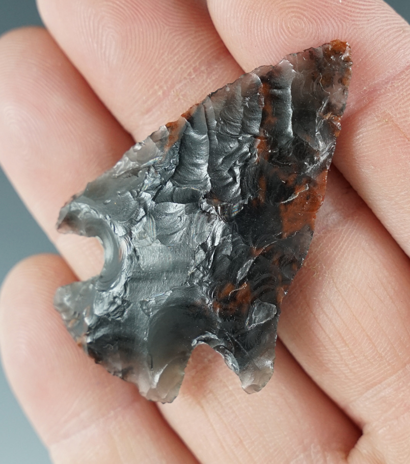 2" Cornernotch Point made from tri-color Obsidian. Found in the Great Basin, Oregon.