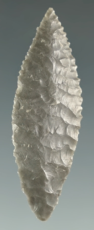 1 3/4" Cascade Leaf made from gray Obsidian with fine serrations. Columbia River, Oregon.