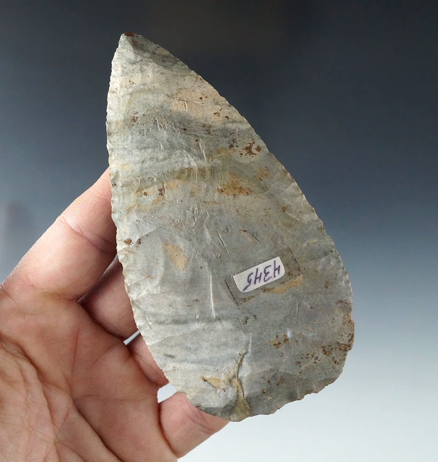 4 1/4" Blade made from Attica "Indiana Green" Chert. Ex. Wachtel, Kley Collections.