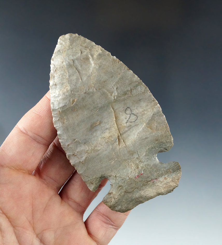 3 7/16" Archaic Bevel made from "Indiana Green" Attica Chert.  Found in Gibson Co., Indiana.