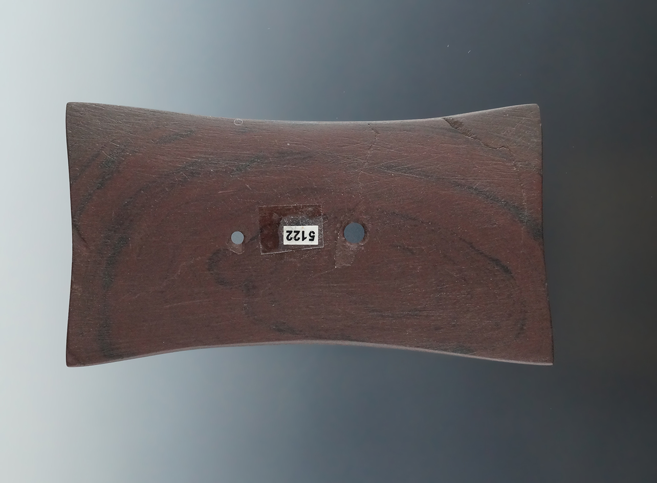 3 15/16" Red Banded Slate Adena Quadriconcave Gorget, Clark Co., Ohio. Ex. Parker, Altick.