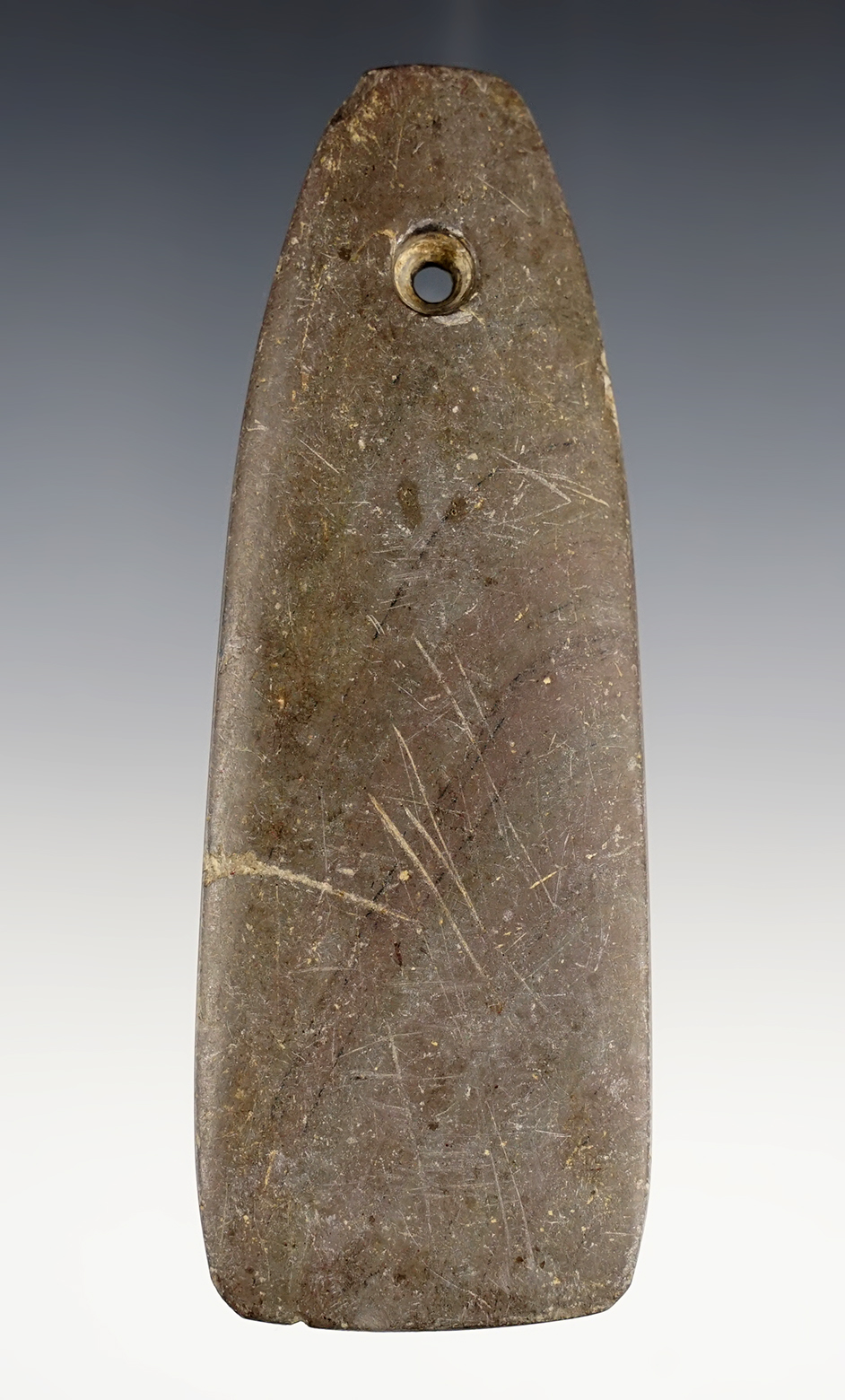 4 3/8" heavily patinated Banded Slate Trapezoidal Pendant found in Ohio.