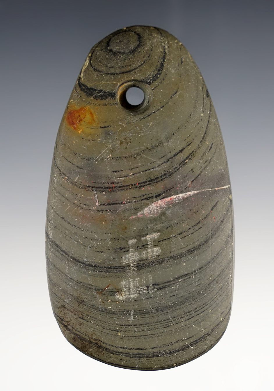 Fine 3 3/4" Pendant made from beautiful Banded Slate. Richland Co., Ohio. Ex. David Root.