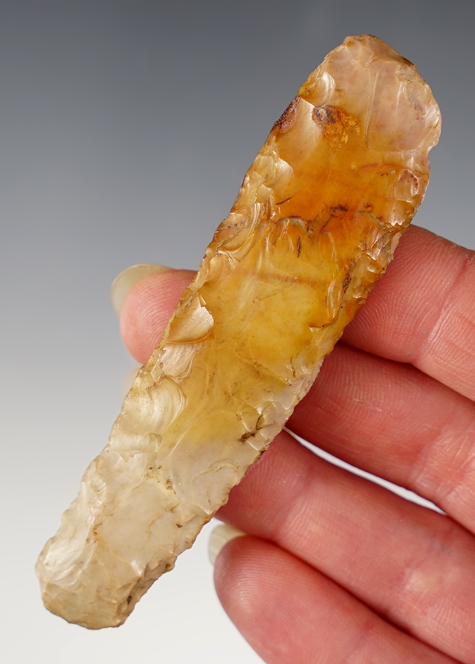3 7/16" Paleo Square Knife made from high grade Flint Ridge Flint. Found in Lorain Co., Ohio.