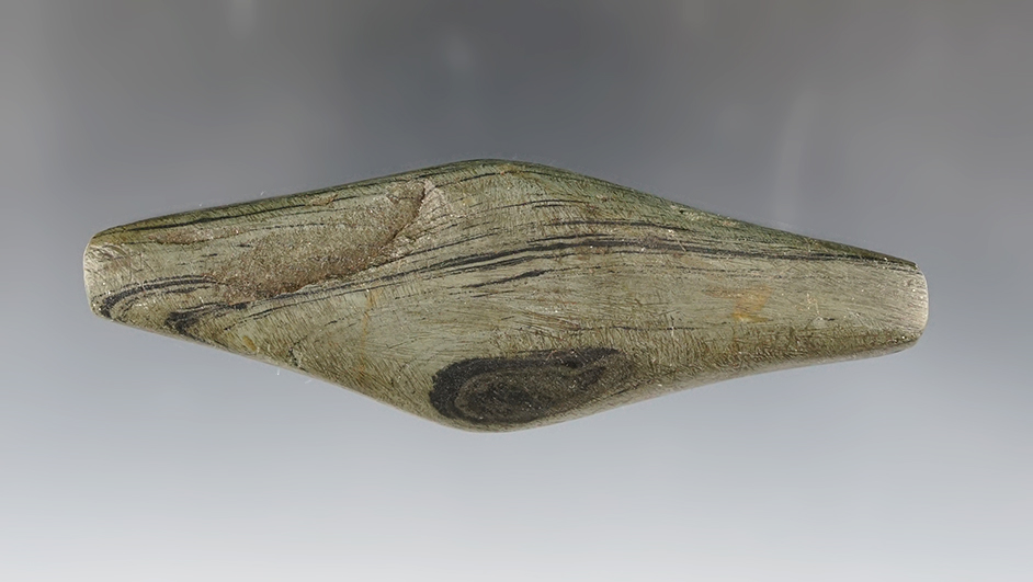 4 1/2" Undrilled Adena Expanded Center Gorget made from Banded Slate. Shelby Co., Ohio.