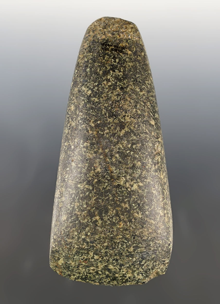 Well polished 5 3/16" Celt made from speckled Hardstone. Found in Franklin Co., Ohio.