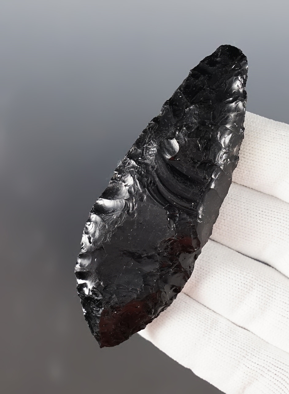 3 9/16” Archaic Knife. Found by E.J. Heaton, near Goose Lake, Modoc Co., California. 