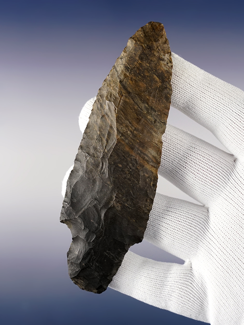 Large and well patinated 5" Ohio Adena made from a unique grade of banded Coshocton Flint.