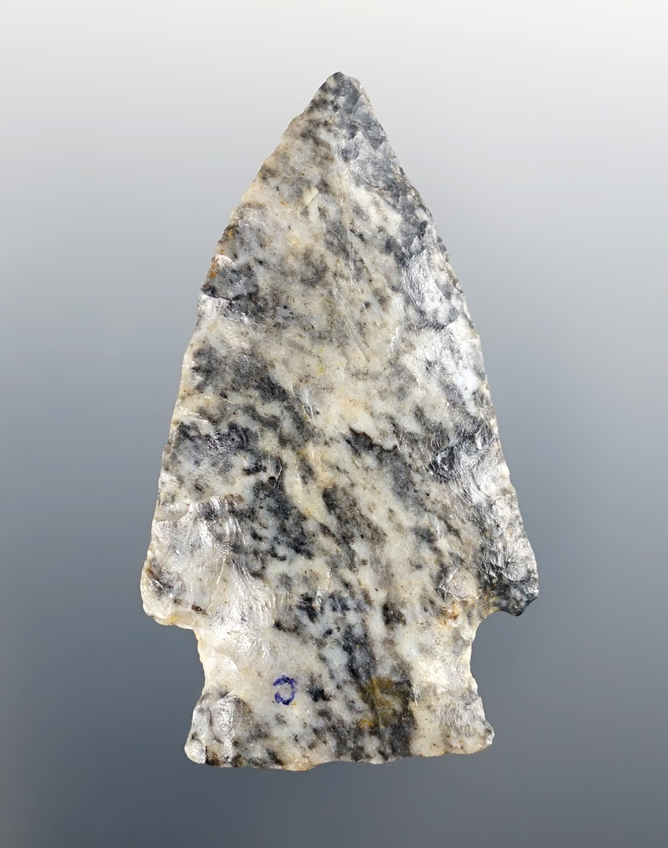  2 1/2" Hopewell made from Upper Mercer Flint. Found in Hardin Co., Ohio. Ex. Dunn, J. Hooks.