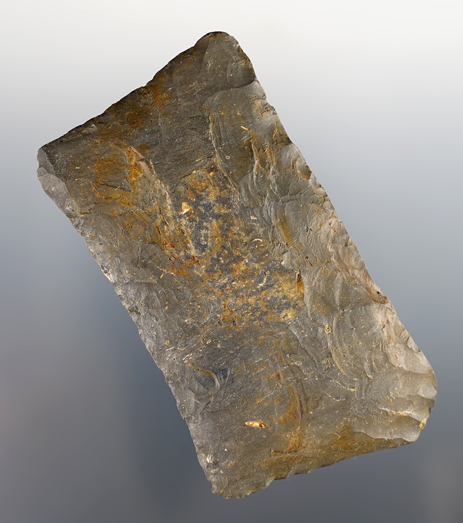 Fine 3 7/16" Paleo Square Knife found in Wadsworth, Medina Co., Ohio. Made from Nellie Chert. 