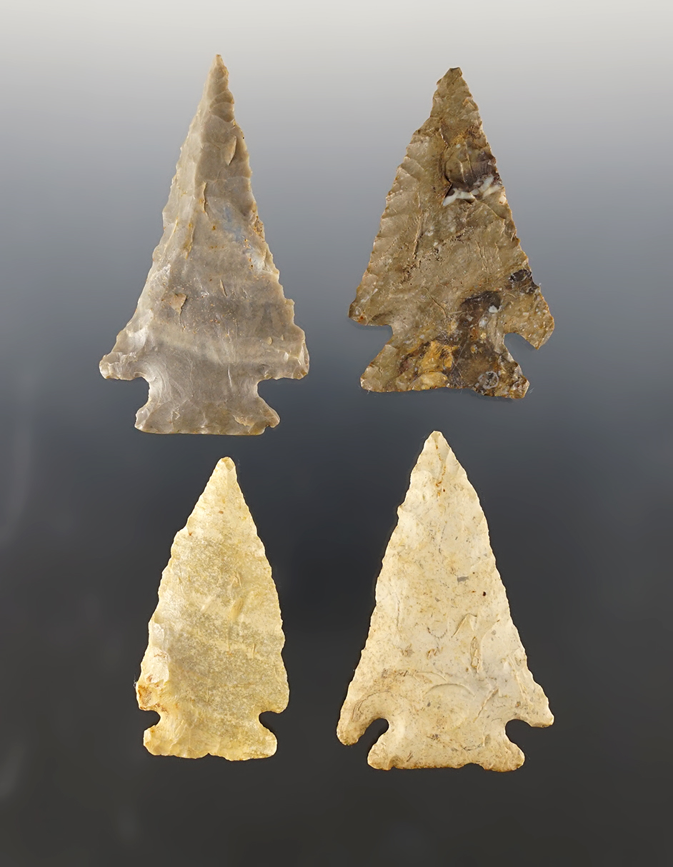 Set of 4 Cornernotched points found in the Ohio/Kentucky area. The largest is 2 1/2".