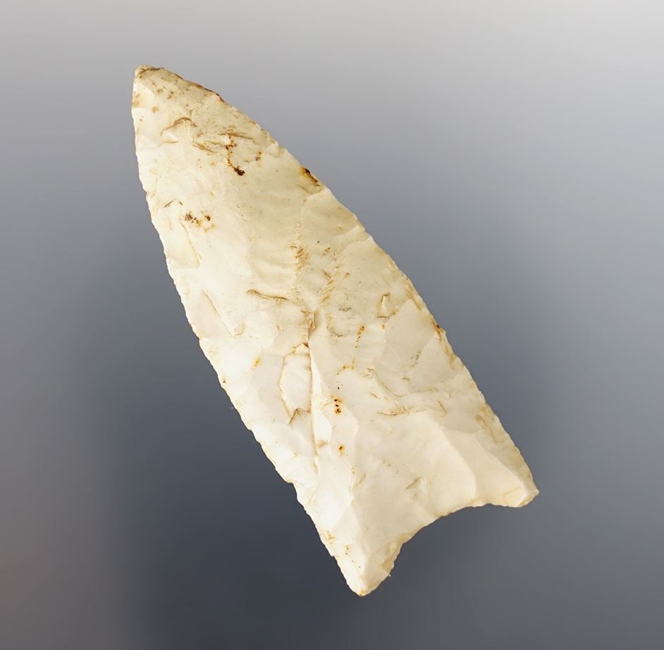 Unique 2 3/8" Paleo Fluted Clovis made off of a flake. Found in Wood Co., Ohio. Ex. Root (#170F).