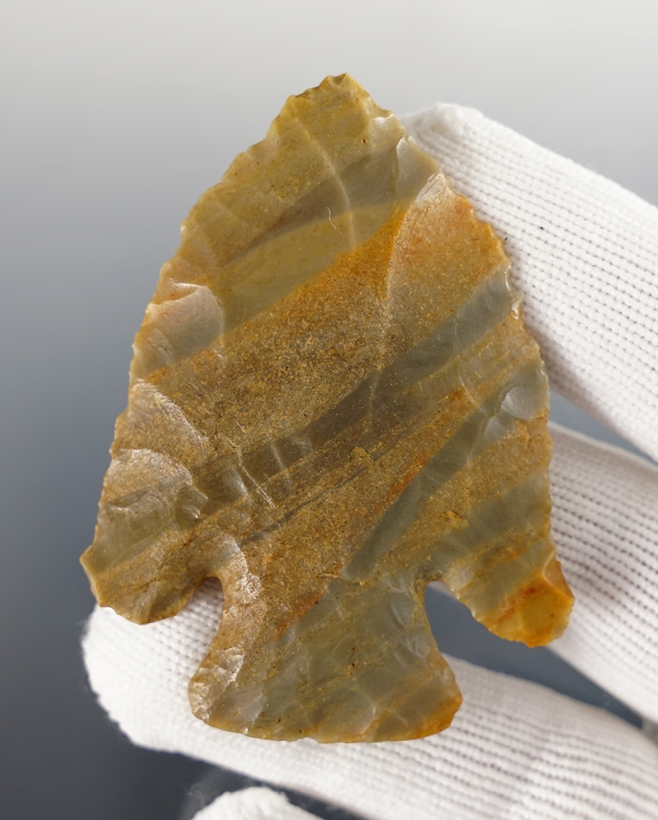 2 3/8" Lost Lake made from incredibly colored Ohio River Banded Hornstone. Ohio/Indiana.