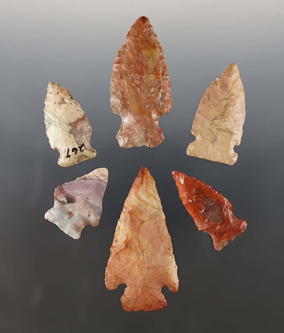 Set of 6 Ohio points made from highly colorful flint. The largest is 2 7/16".