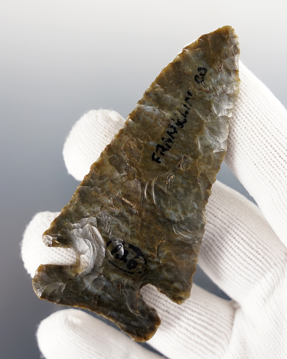 3 1/8" Archaic Thebes made from mottled Coshocton Flint. Found in Franklin Co., Ohio. 