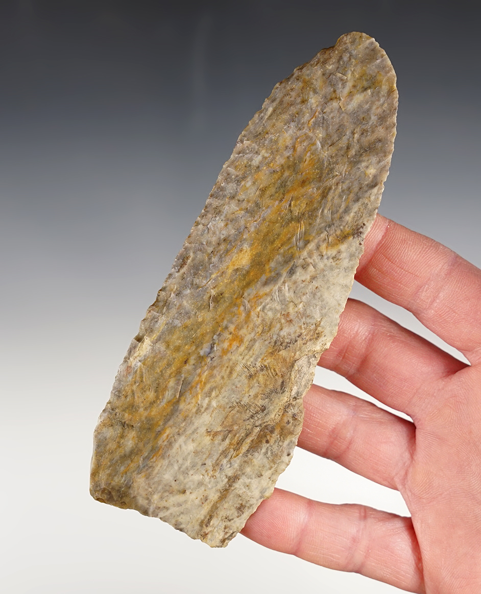 Fine 5 1/4" Paleo Knife that is well flaked from Coshocton Flint. Found in Ohio.