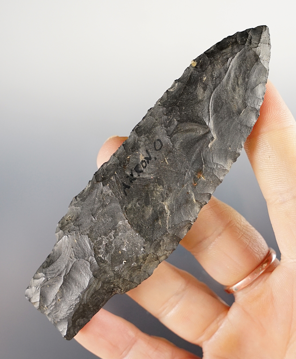 4 3/16" Coshocton Flint Paleo Stemmed Laceolate. Found in Akron, Summit Co., Ohio. Bennett COA.